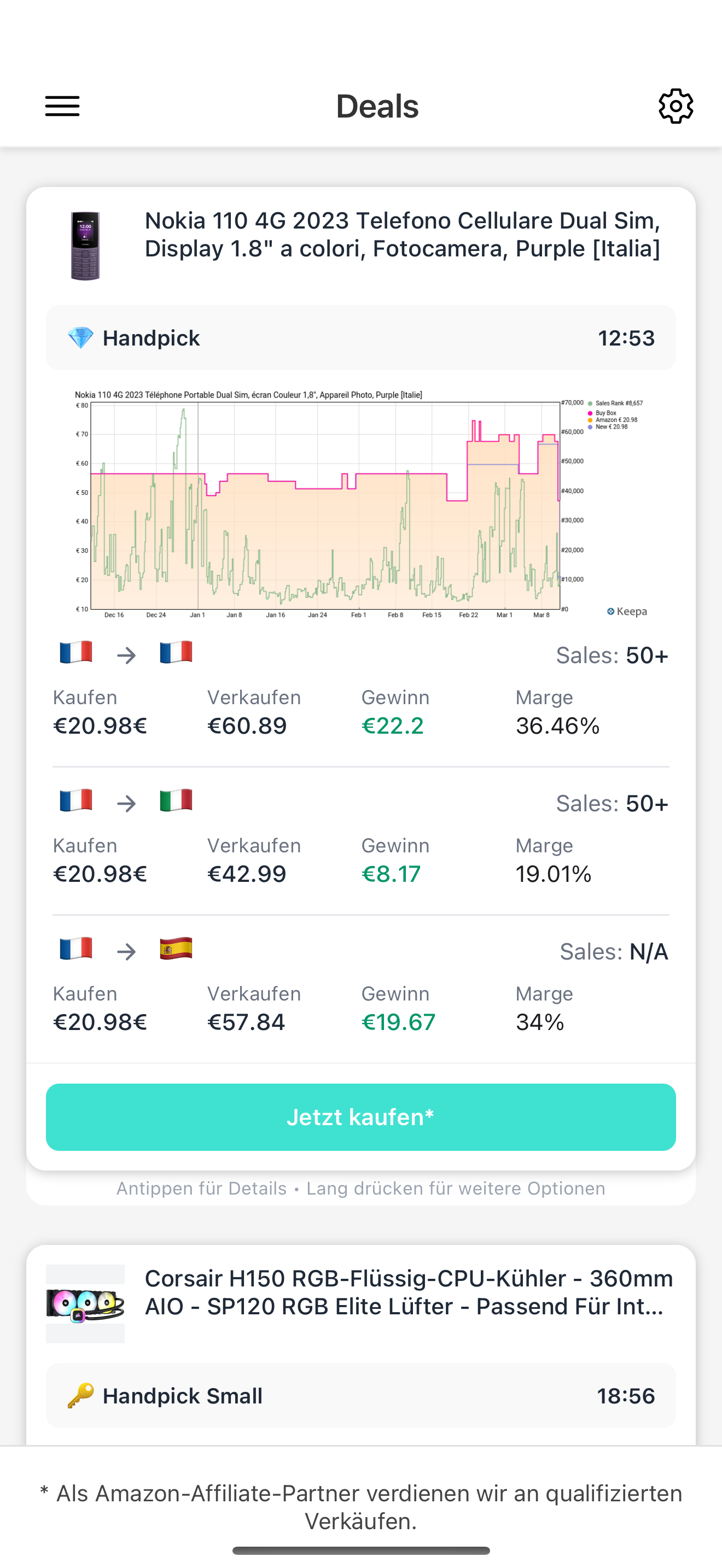 KluckyDeals App Screenshot zeigt Arbitrage Deals zwischen Amazon Marktplätzen