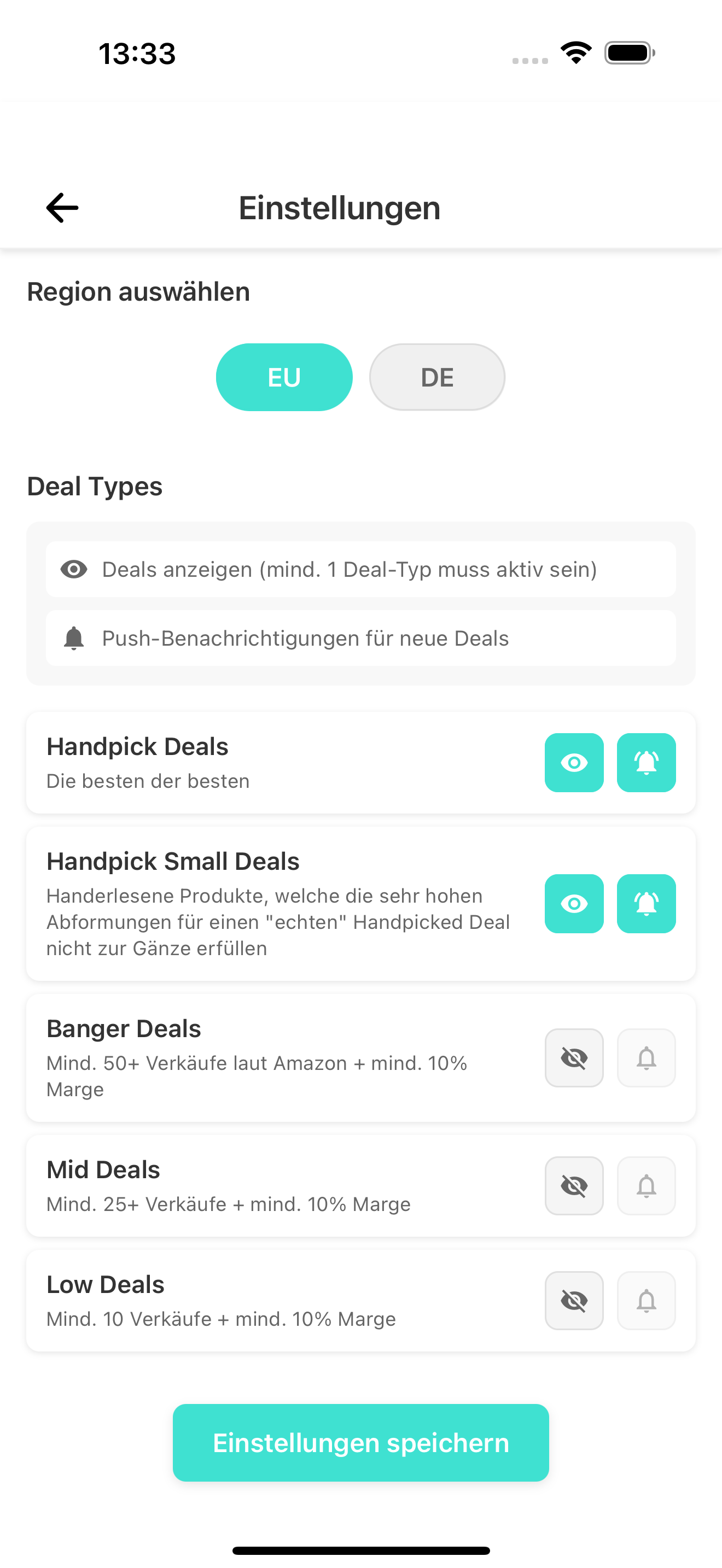 Deal Categories App Screen
